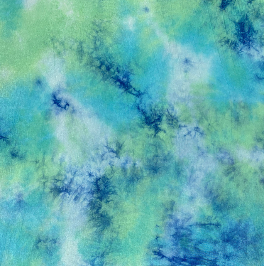 Bamboo Spandex Jersey Knit Blue, Green, & White Cloud Tie Dye Splash 60″ Eco-Friendly Fabric By The Yard